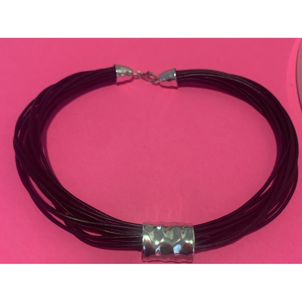 Vintage Italian Black Leather Necklace Sterling Electroform Modernist Art Deco